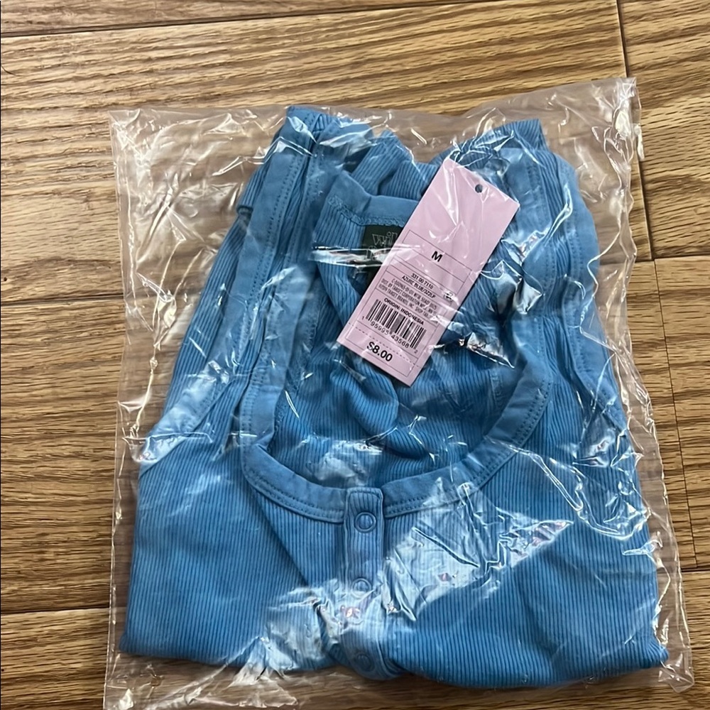 Blue Ribbed Button-Up Top